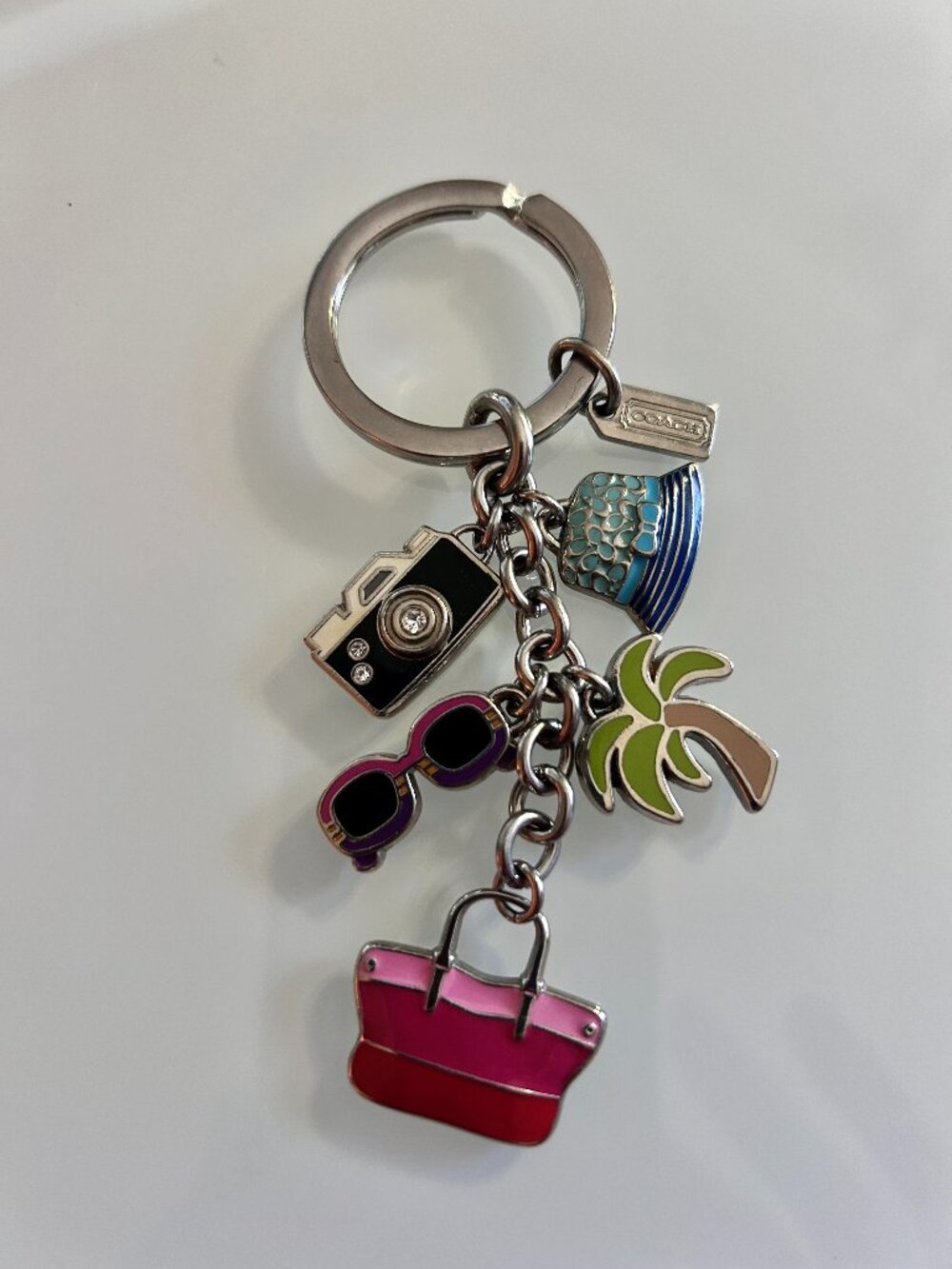 COACH Hampton Weekend Charm Palm Tree Hat Camera Keychain Key Ring Charm EUC